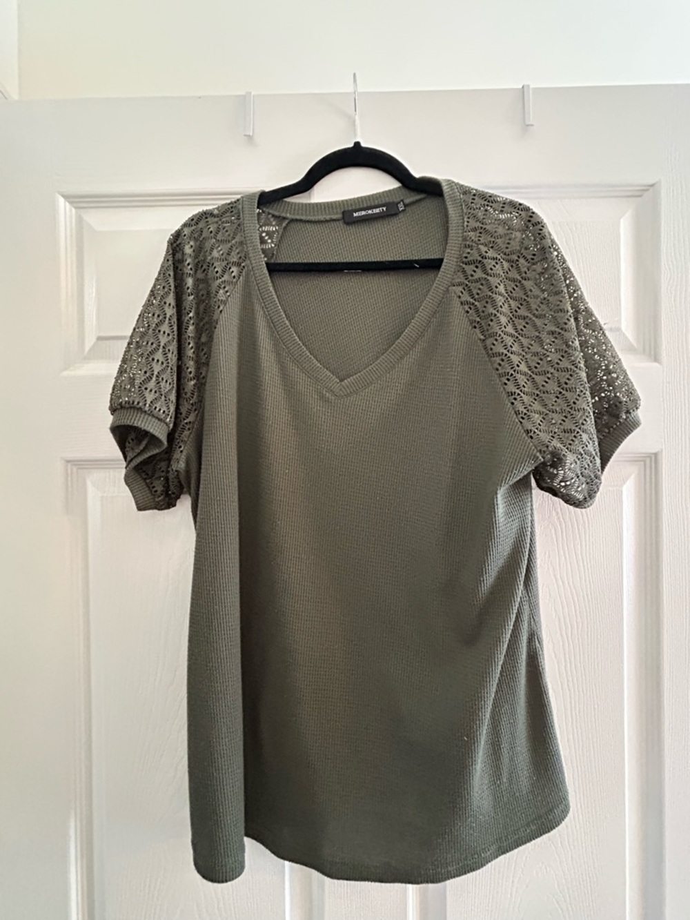 Olive Crochet-Sleeve V-Neck Top